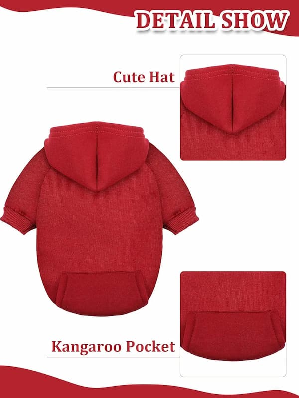 Red pet hoodie with kangaroo pocket and cute hat on a white background