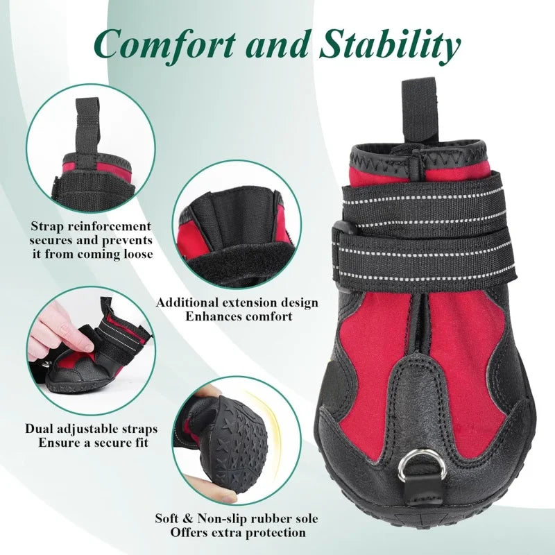 Red and black pet boot with features highlighted on a light gray background