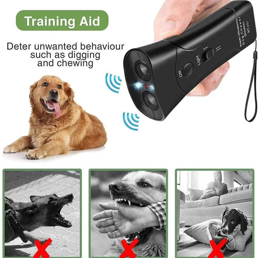 Yellow ultrasonic pet dog repeller with LED for anti-barking and training.