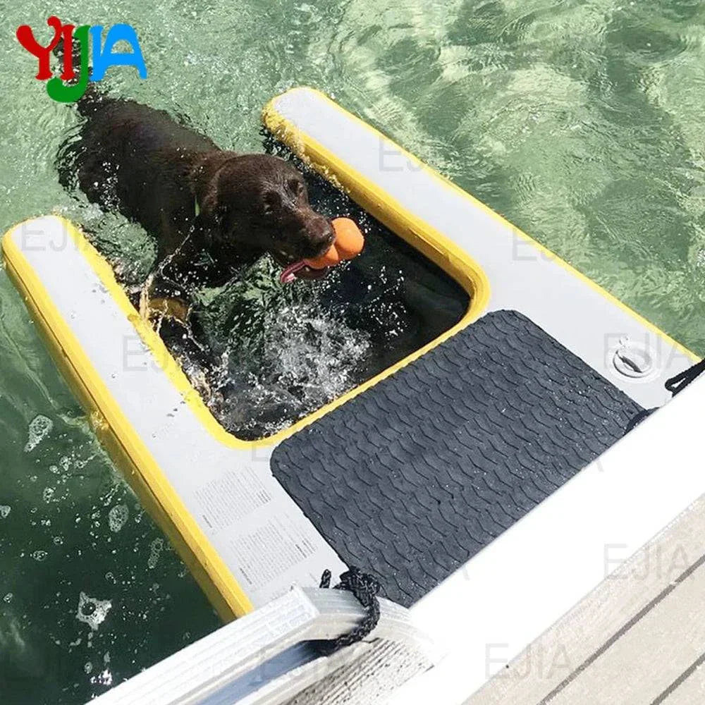 Inflatable dog ramp float in swimming pool for easy pet access.