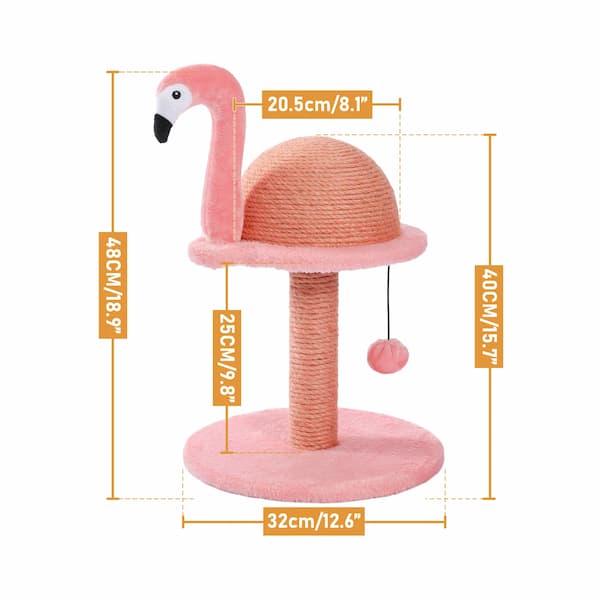 Pink flamingo-shaped cat tree with measurements on a white background