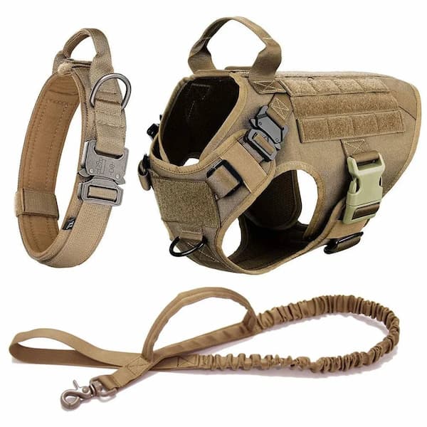 Tactical dog harness and leash set on a white background