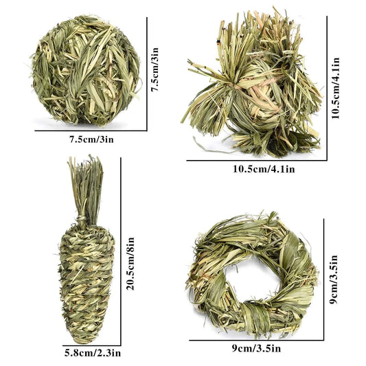 Natural grass chew toys for rabbits, guinea pigs, hamsters, and chinchillas – safe molar toys for small pets.