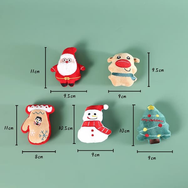 Set of Christmas-themed decorative items with measurements on a green background