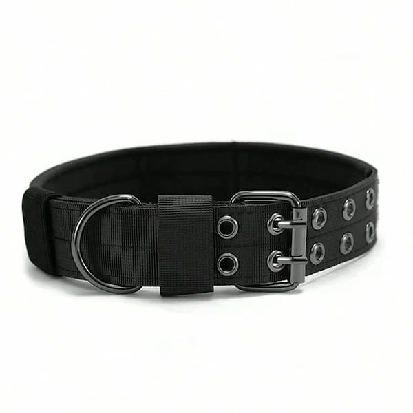 Black  heavy duty tactical dog collar with metal hardware on a white background