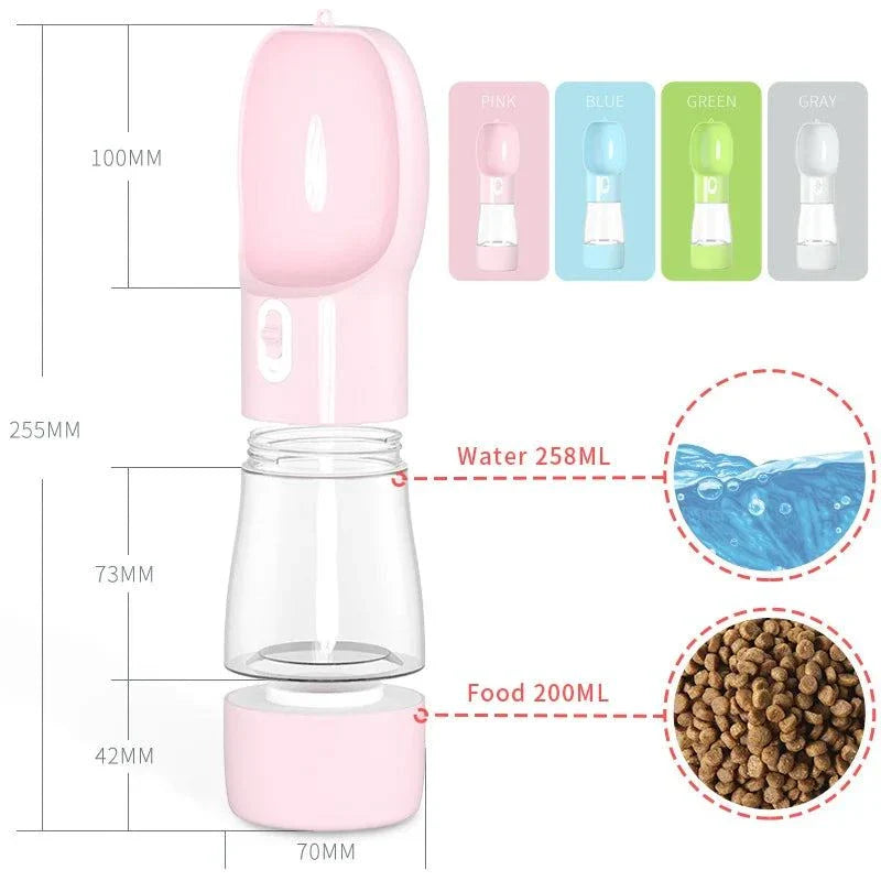 Portable dog water bottle and food bowl, ideal for outdoor travel, hikes, and road trips, leak-proof and lightweight design.