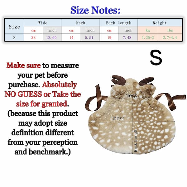 Measurement chart and size guide for a pet product with text on how to measure pets before purchase.