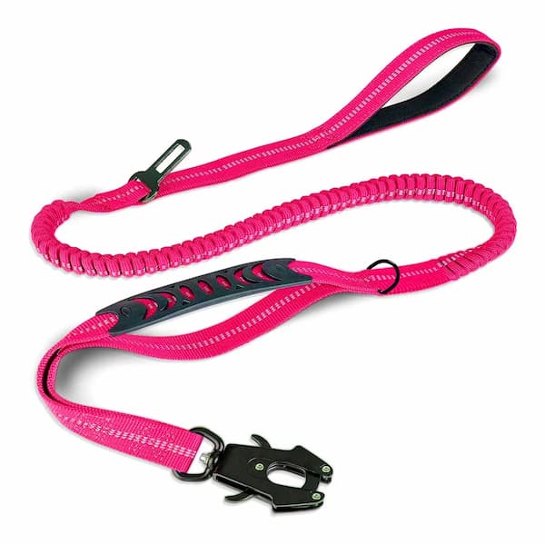 Pink Reflective tactical bungee dog leash with locking carabiner shock absorbing design adjustable length