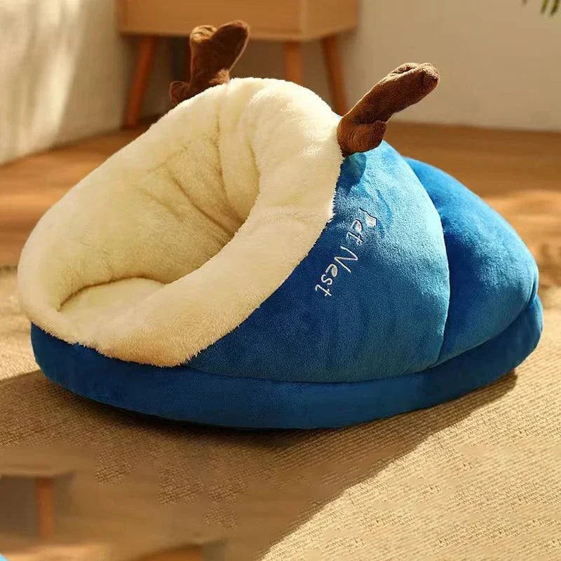 Warm dog and cat slipper bed, blue, breathable, foldable, washable, cozy pet house.