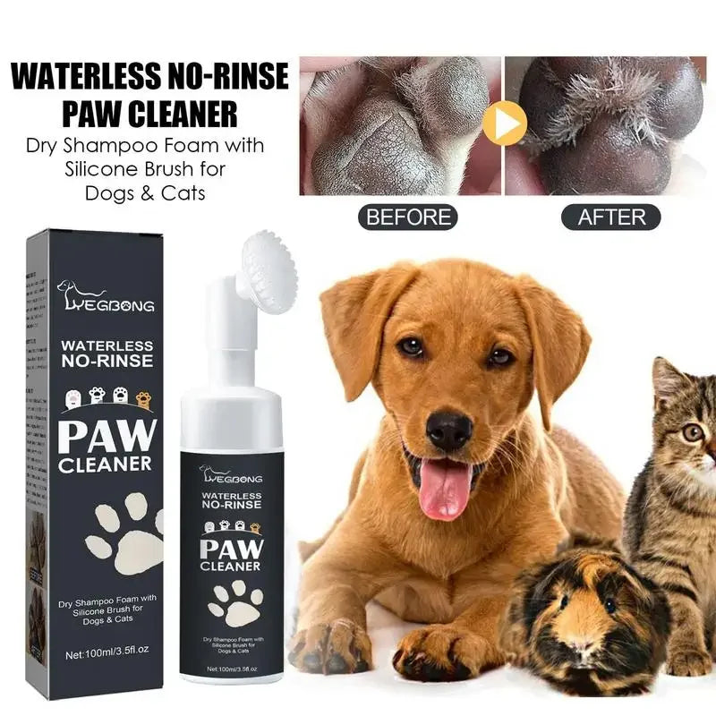 Waterless no-rinse paw cleaner for dogs and cats with packaging, bottle, and animals showing before and after effect.