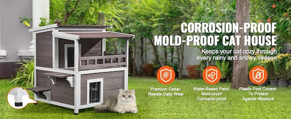 Corrosion-proof mold-proof cat house with a cat sitting outside, surrounded by greenery.