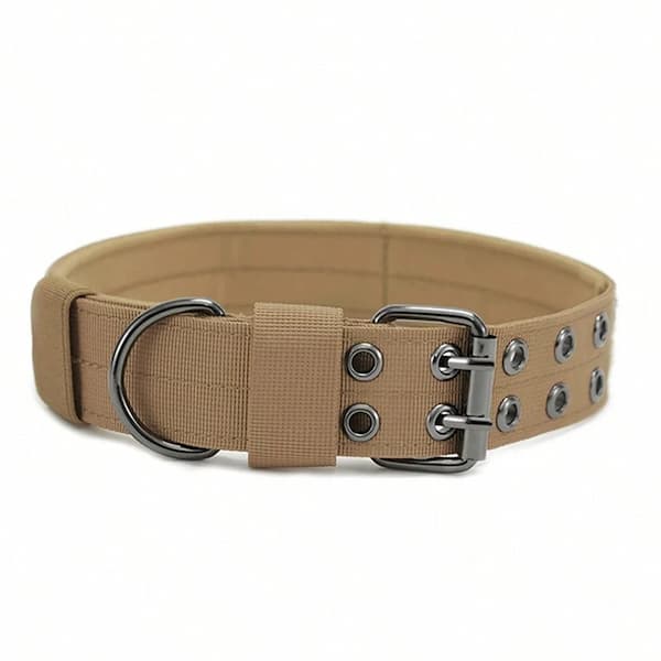 Tan  heavy duty tactical dog collar with metal rings on a white background