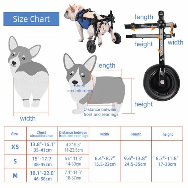 Dog wheelchair size chart with measurements and illustrations of dogs and the wheelchair.