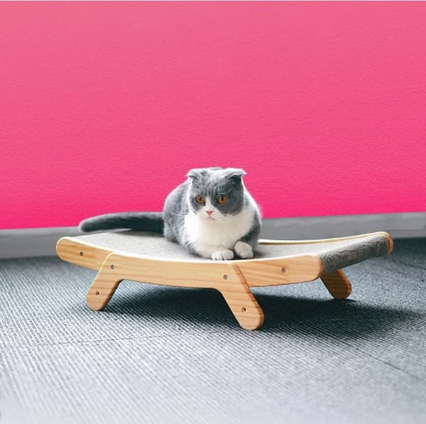 Cat lying on a wooden and fabric cat bed against a pink wall.