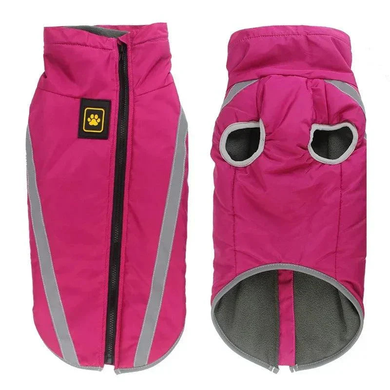 Large dog padded jacket, waterproof winter coat with reflective design, pink color.