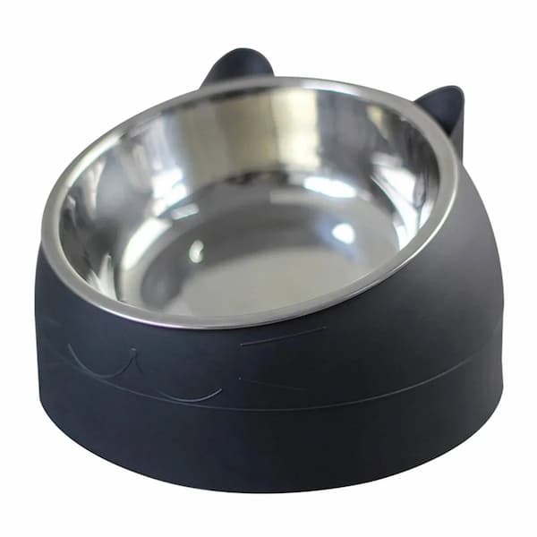 Stainless steel pet bowl with black rubber base on a white background