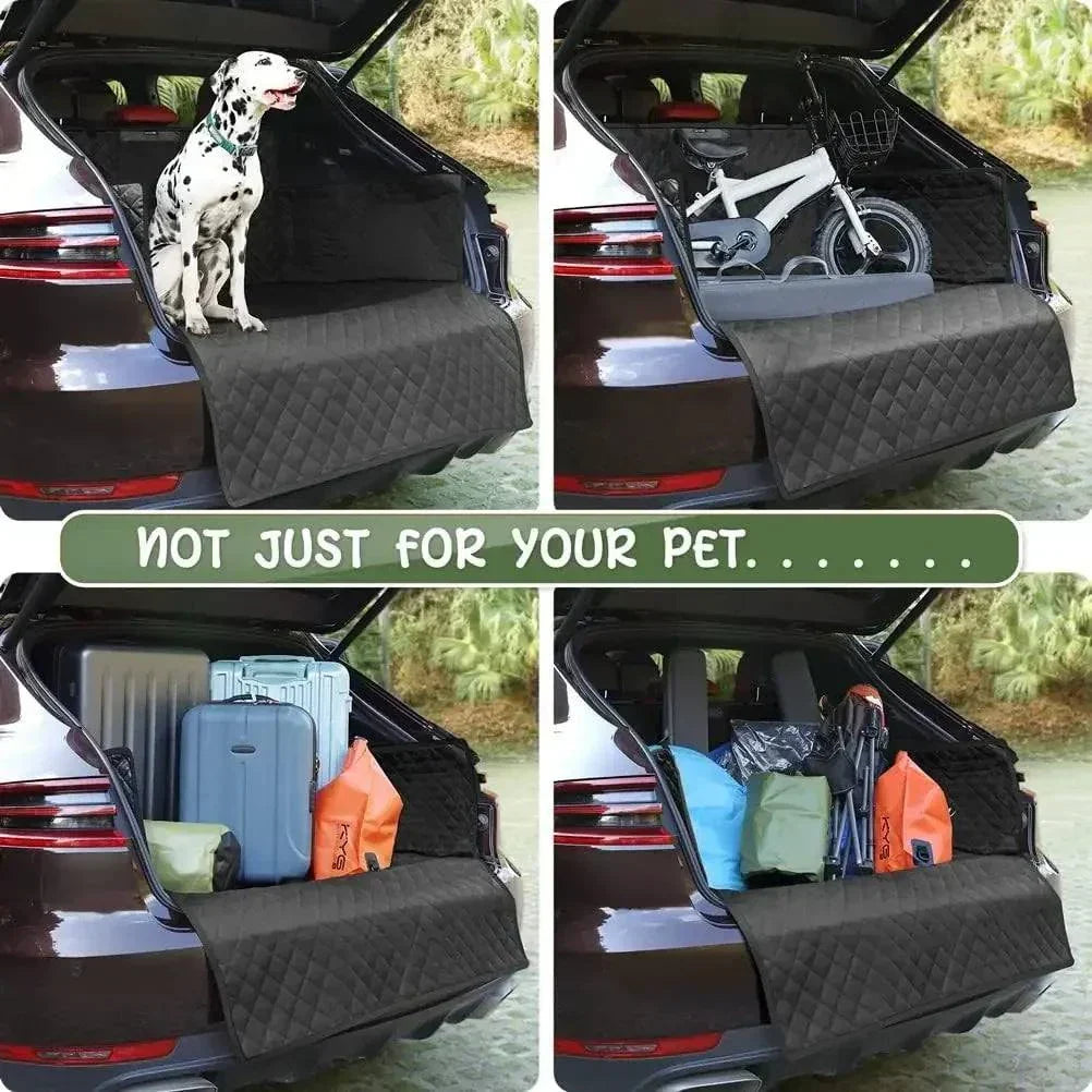 Waterproof car seat cover for pets, versatile travel hammock, and rear seat protector mat, shown with pet dog, bicycle, and luggage in car trunk.