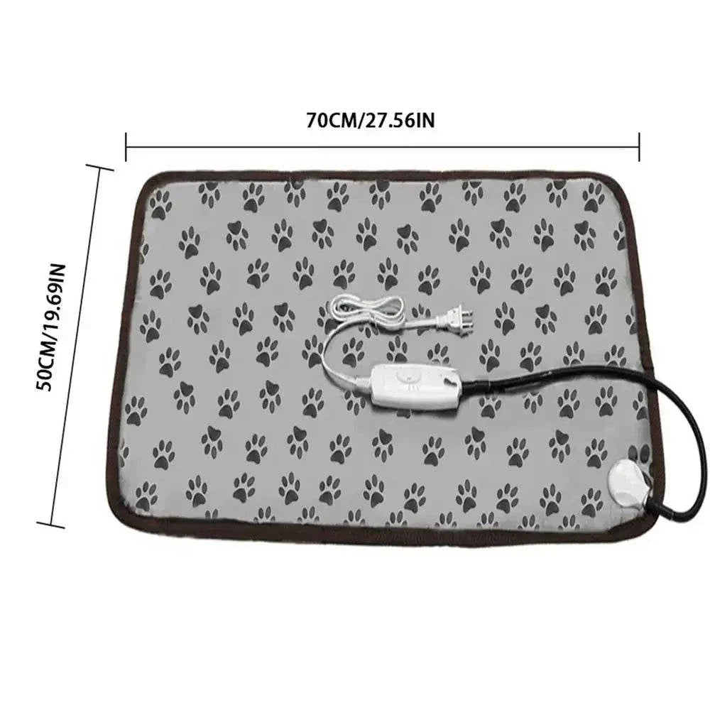 Adjustable pet heating pad with paw print design and bite-resistant wire.