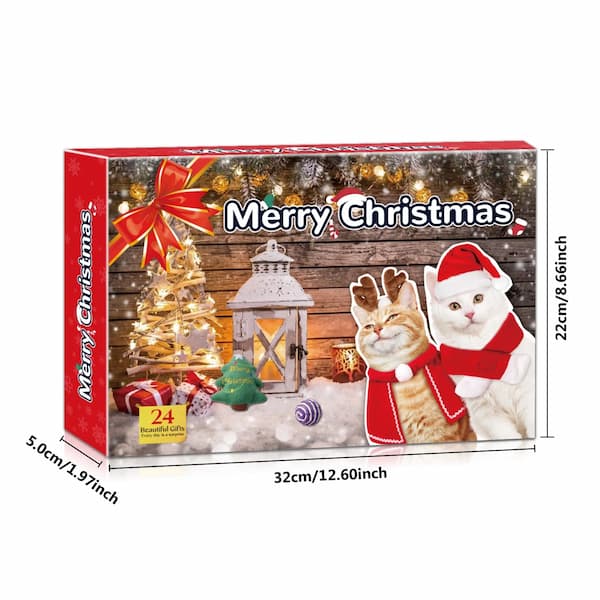 A festive cat Christmas advent calendar gift box featuring 24 colorful toys and surprises for cats, including plush mice, balls, and Christmas decorations.
