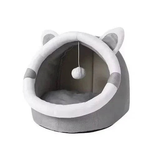 Round cat bed with a tent design, cozy and plush interior, suitable for kittens, cats, and small dogs, perfect for sleeping and lounging.