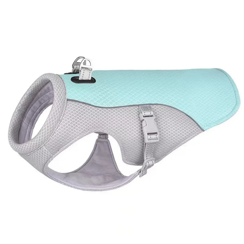 Dog cooling harness with light blue and gray design on a white background