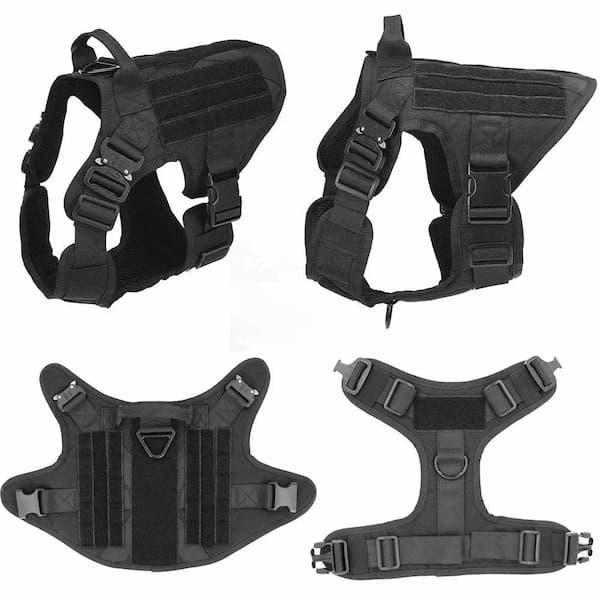 Four views of a black tactical dog harness on a white background