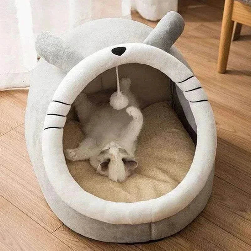 Round cat bed house with a cozy cave design, soft cushion, and tent structure, suitable for cats, kittens, and small dogs.