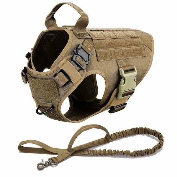 Tan tactical dog vest with a leash on a white background