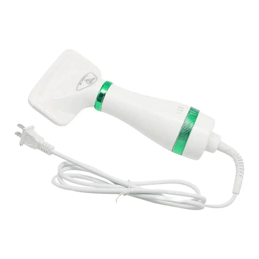 Pet hair dryer for cats and dogs with grooming brush, white and green, low noise, adjustable temperature.