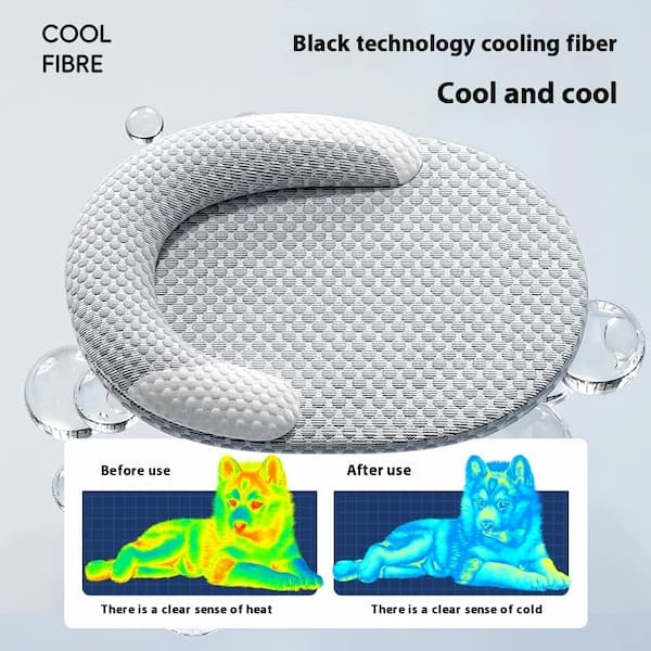 Cooling fiber pad with thermal imaging before and after use on a gray background