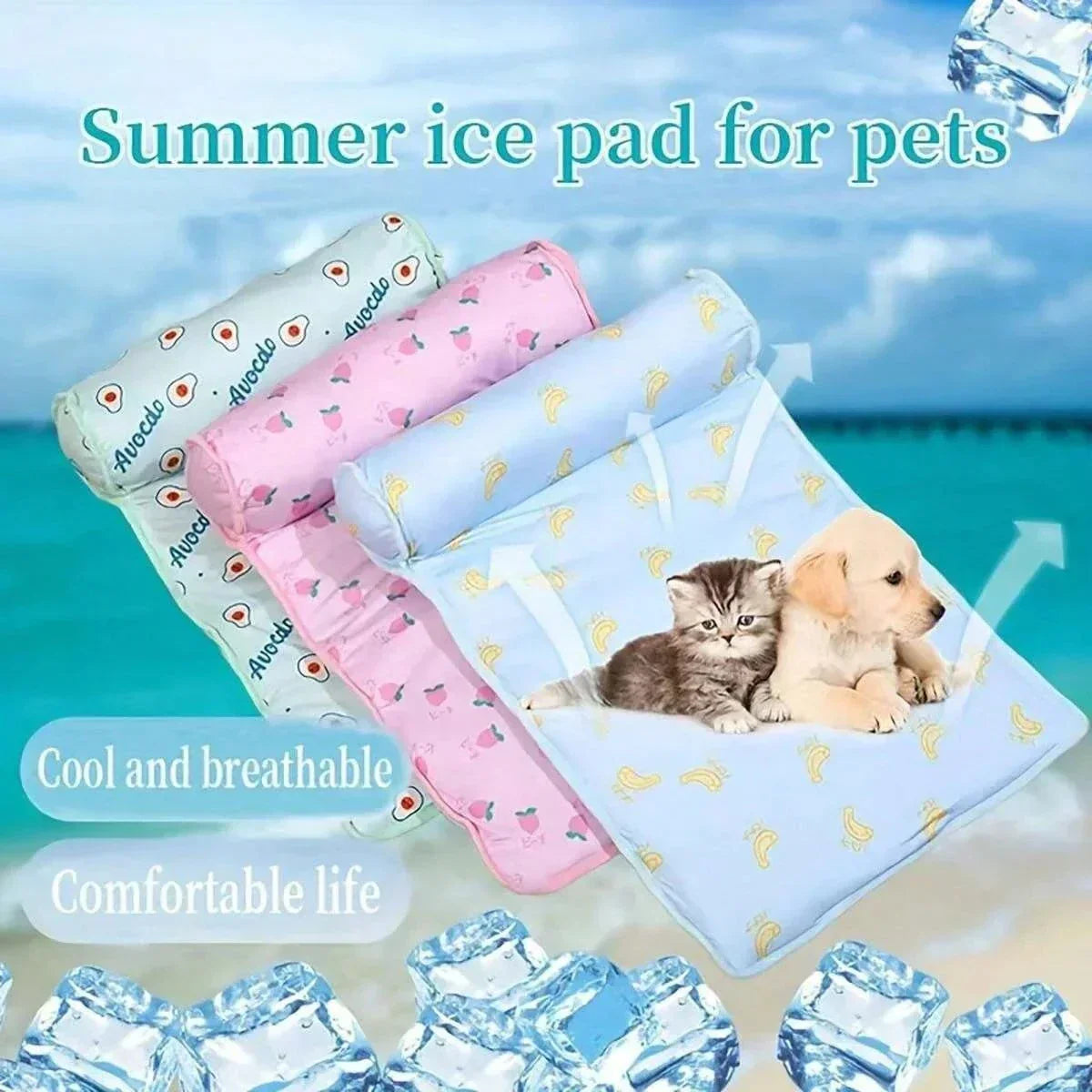 Dog cooling summer pad bed with pets on ice pads in blue and pink, cool and breathable for comfortable pet life.