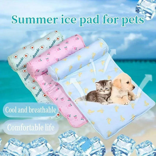 Dog cooling summer pad bed with pets on ice pads in blue and pink, cool and breathable for comfortable pet life.