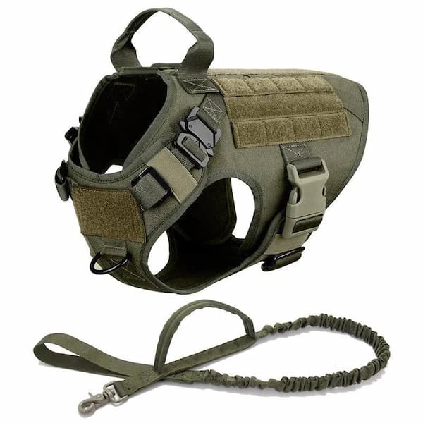 tactical dog harness and collar set on German shepherd with leash and pouches