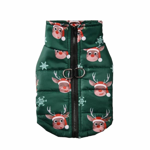 Green puffer vest with reindeer pattern on a white background