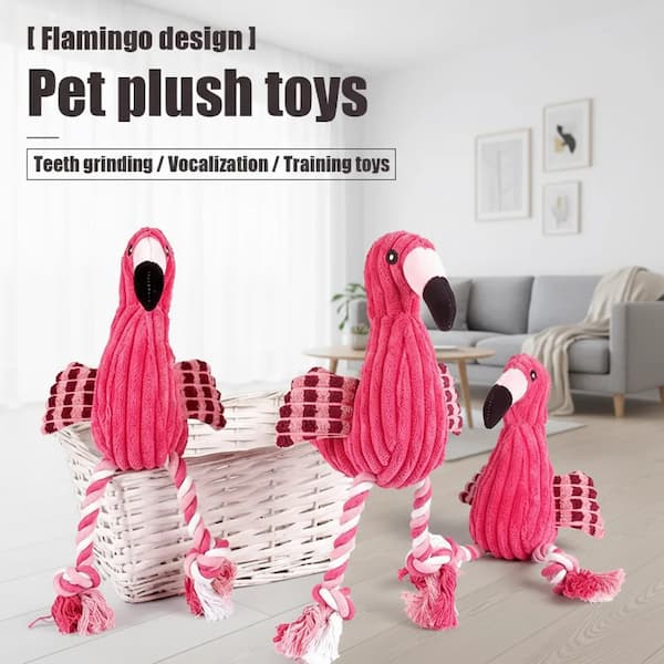 Pink flamingo pet plush toys with text indicating their use for teeth grinding, vocalization, and training in a home setting.