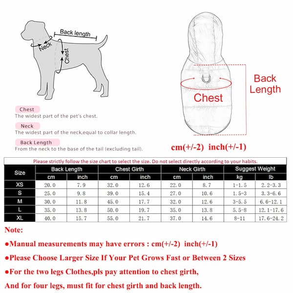 Dog clothing size chart with measurements and illustrations