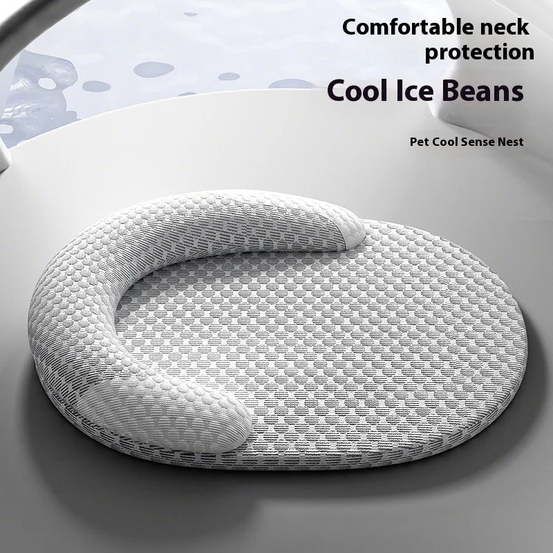 Gray pet cooling nest with text 'Comfortable neck protection Cool Ice Beans Pet Cool Sense Nest' on a light background