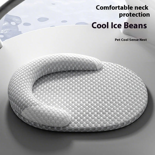 Gray pet cooling nest with text 'Comfortable neck protection Cool Ice Beans Pet Cool Sense Nest' on a light background