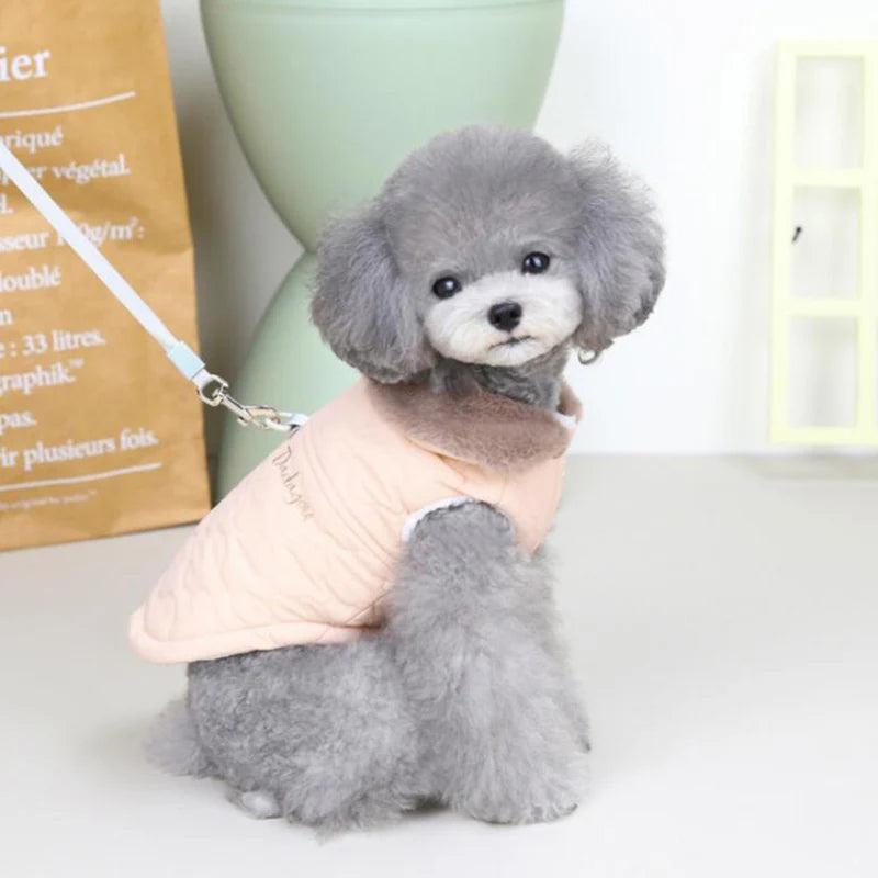 Beige waterproof pet jacket with fleece lining and fur collar