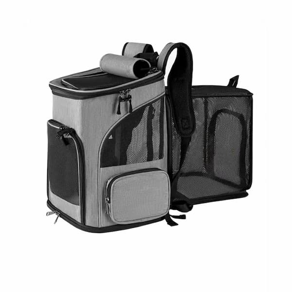 Gray and black pet carrier backpack on a white background