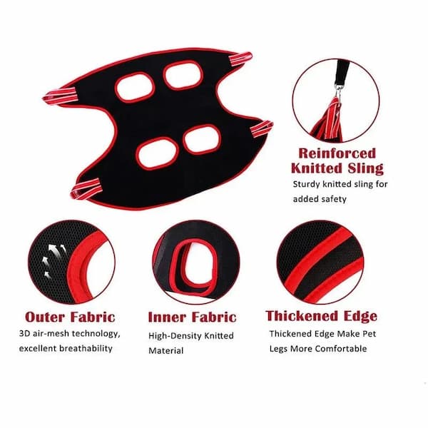 Diagram of a pet harness with features highlighted on a white background