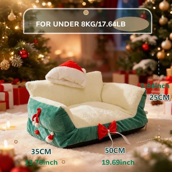 Christmas-themed pet bed with measurements in a festive setting