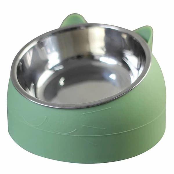 Green tilted raised stainless steel pet bowl for cats and small dogs non slip feeder