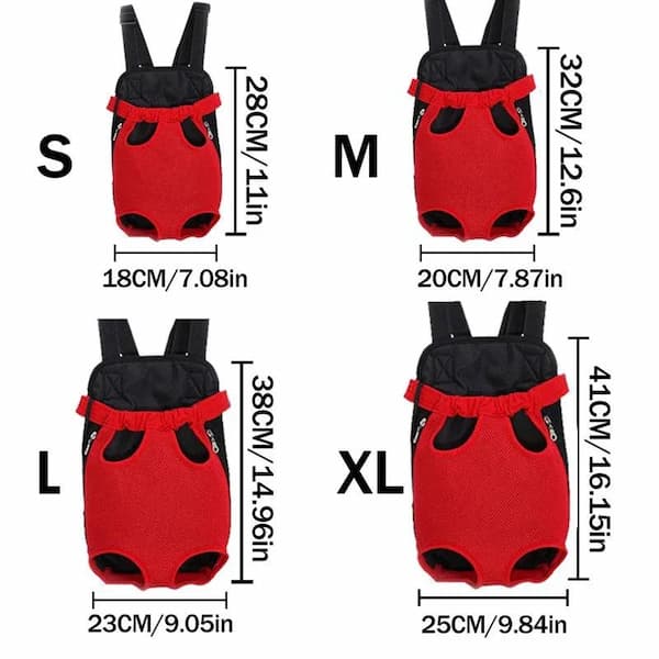 Red and black pet carrier with size chart on a white background