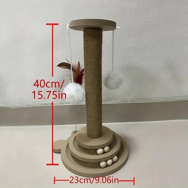 Cat play structure with dimensions labeled on a neutral background