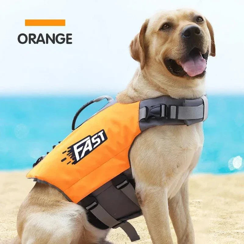 Adjustable reflective dog life jacket in a bright summer design, featuring buoyant foam, safety handle, and reflective strips for swimming and surfing.