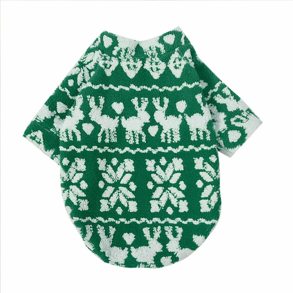 Green and white patterned dog sweater on a white background