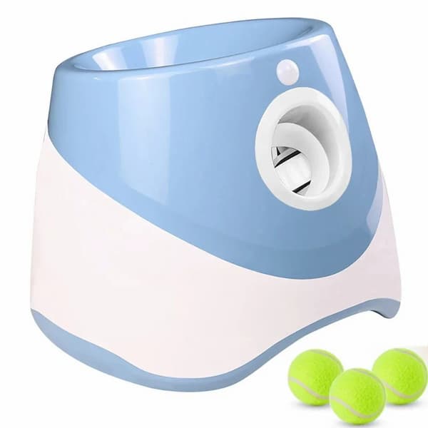 Blue and white pet toy dispenser with three green tennis balls on a white background
