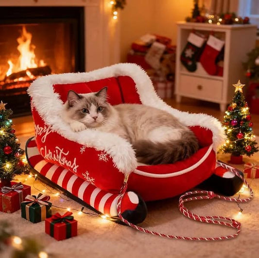 Cat lying in a festive red and white sleigh with Christmas decorations in the background.