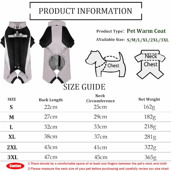 Product information and size guide for a pet warm coat with measurements and weight details.